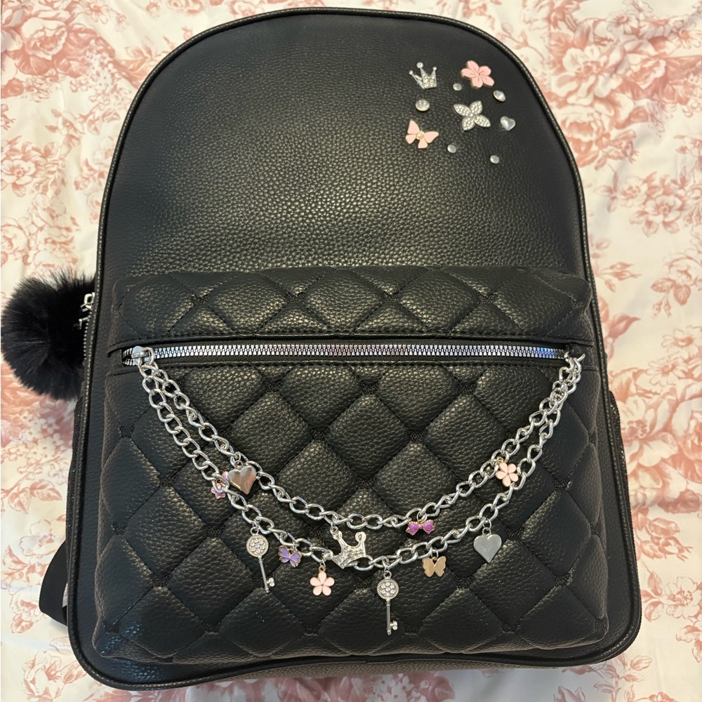 Marshalls Black Quilted Kids Backpack with Chain and Black Pom-pom
